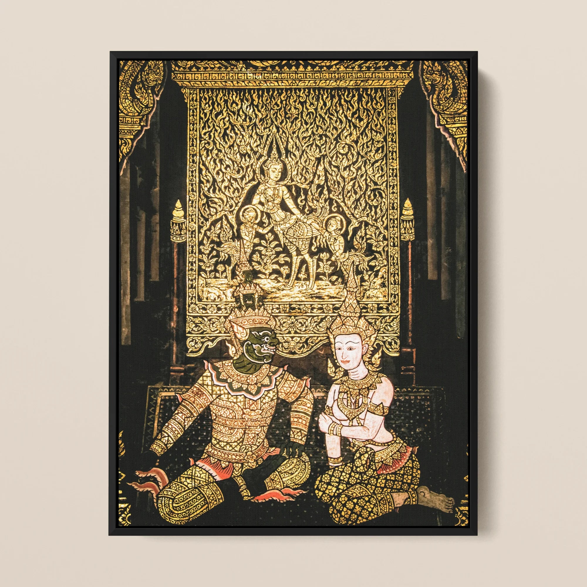 Rendezvous Thai Temple Fresco Art Framed Canvas, Ornate Thai Style Painting Tapestry Figures Traditional Costume Intricate