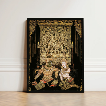 Black-framed Thai Gold Leaf Artwork Two Figures Ornate Spellbinding Temple Art, Traditional Mythology