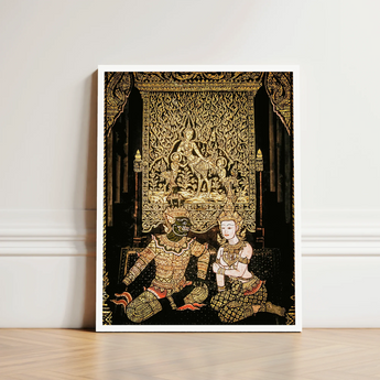 Framed Thai Traditional Art Print Intricate Gold Dark Spellbinding Temple, Mythology