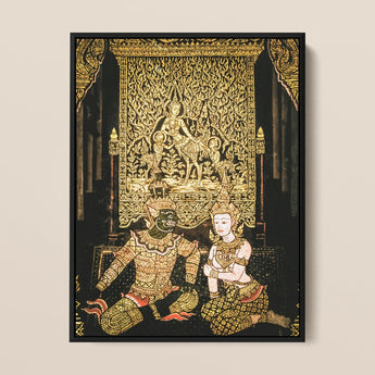 Rendezvous - Traditional Thai Temple Art Print / Canvas Black-framed Artwork Intricate Gold-leaf Thai Religious Mythological Figures