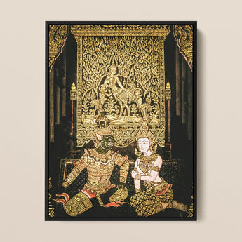 Rendezvous - Traditional Thai Temple Art Print / Canvas Black-framed Artwork Intricate Gold-leaf Religious Mythological Figures