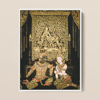 Rendezvous - Traditional Thai Temple Art Print / Canvas Framed Thai Traditional Art Print Intricate Gold Black Spellbinding Temple Art,