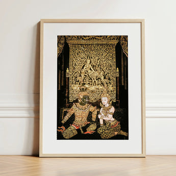Rendezvous - Traditional Thai Temple Art Print / Canvas Framed Intricate Gold Black Spellbinding, Mythology, Prints