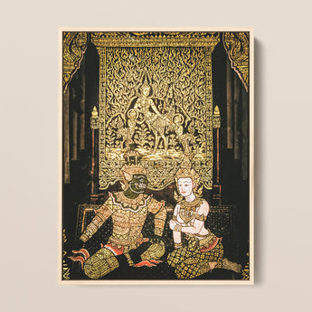 Rendezvous - Traditional Thai Temple Art Print / Canvas Golden Thai-style Framed Artwork Deity Two Figures Ornate Spellbinding Temple Art,