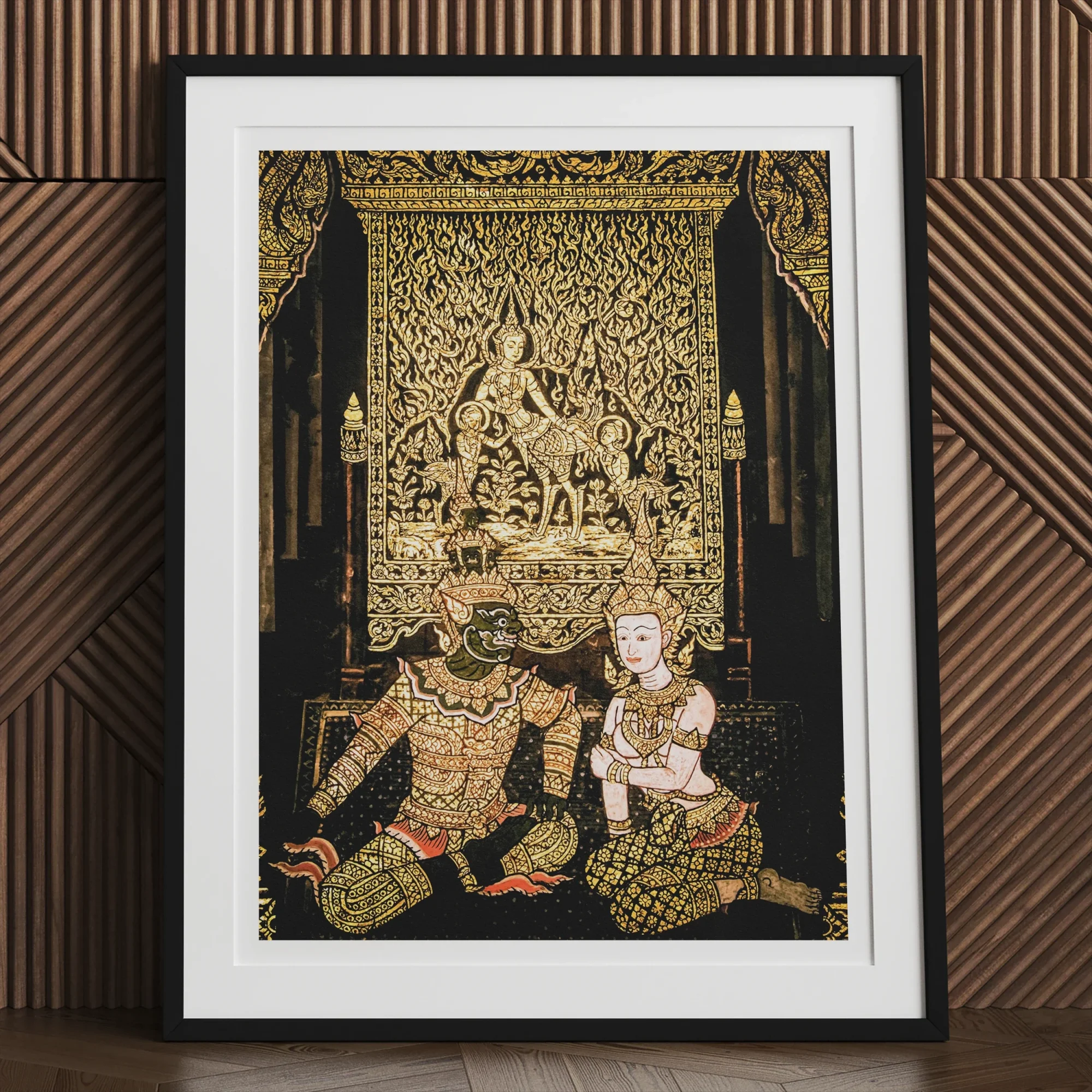 Rendezvous Traditional Thai Temple Art Print, Framed Artwork Ornate Thai Style Figures Intricate Golden Background