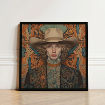 Framed Portrait Man Curly Hair Beige Cowboy Hat Dandy Gay, Redhead, Spirit’s Queer