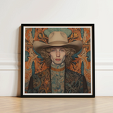 Framed Portrait Man Beige Cowboy Hat Ornate Patterned Dandy Gay, Redhead, Spirit’s Queer