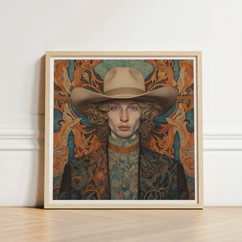 Framed Portrait Man Beige Cowboy Hat Ornate Patterned Dandy Gay, Redhead, Spirit’s Queer