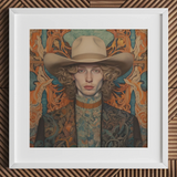 Reuben - Gay Redhead Cowboy Art Print / Canvas 12x12’’ / 31x31cm / White Frame / Matboard Cowboy Hat Floral Pattern Brown Band White Frame