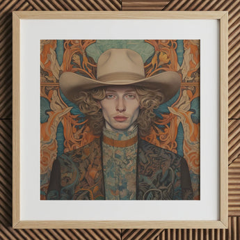 Reuben - Gay Redhead Cowboy Art Print / Canvas 12x12’’ / 31x31cm / Natural Frame / Matboard Wooden Framed Cowboy Portrait Tan Hat Patterned