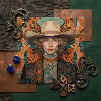 Reuben - Gay Redhead Cowboy Art Print / Canvas Detailed Portrait Man Curly Hair Beige Cowboy Hat Dandy Gay Cowboy, Redhead Spirit’s Queer