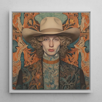 Reuben - Gay Redhead Cowboy Art Print / Canvas Framed Portrait Person Beige Cowboy Hat Ornate Patterned Dandy Gay Cowboy, Redhead Spirit’s