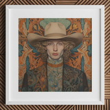 Reuben - Gay Redhead Cowboy Art Print / Canvas Cowboy Hat Floral Pattern Brown Band White Frame Dandy Gay Cowboy, Redhead Spirit’s Queer