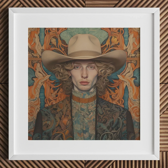 Reuben - Gay Redhead Cowboy Art Print / Canvas Cowboy Hat Floral Pattern Brown Band White Frame Dandy Gay Cowboy, Redhead Spirit’s Queer