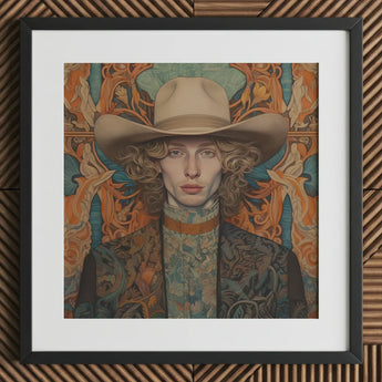 Reuben - Gay Redhead Cowboy Art Print / Canvas Hat Intricate Paisley Pattern Brown Leather Brim Dandy, Spirit’s Queer Prints
