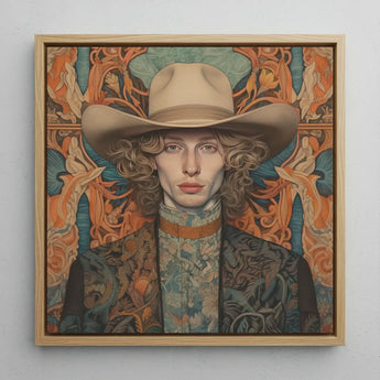 Reuben - Gay Redhead Cowboy Art Print / Canvas Square-framed Portrait Painting Person Beige Hat Ornate Dandy, Spirit’s Queer Prints