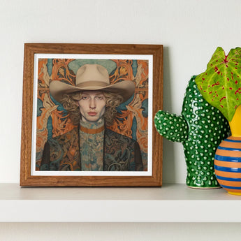 Reuben - Gay Redhead Cowboy Art Print / Canvas Square-framed Portrait Person Beige Hat Set Ornate Dandy, Spirit’s Queer Prints