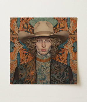 Square Canvas Painting Portrait Person Curly Hair Beige Dandy Gay Cowboy, Redhead, Spirit’s Queer