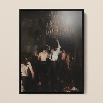 Reverie - Gay Circuit Party Aristocrats Art Print / Canvas Black-framed Artwork Dimly Lit Energetic Dance Scene Ornate, Peeled Fruit Prints