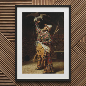Rich Kyrgyz Hunter with a Falcon - Vasily Vereshchagin Art Print / Canvas Black-framed Man Ornate Patterned Traditional Attire, Central
