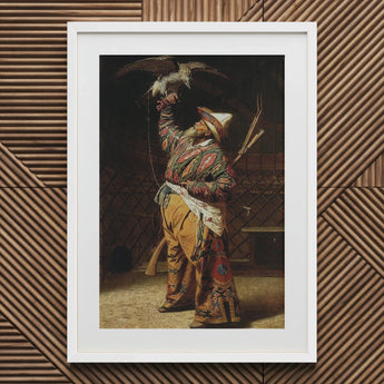 Rich Kyrgyz Hunter with a Falcon - Vasily Vereshchagin Art Print / Canvas White-framed Man Ornate Patterned Traditional Attire, Central