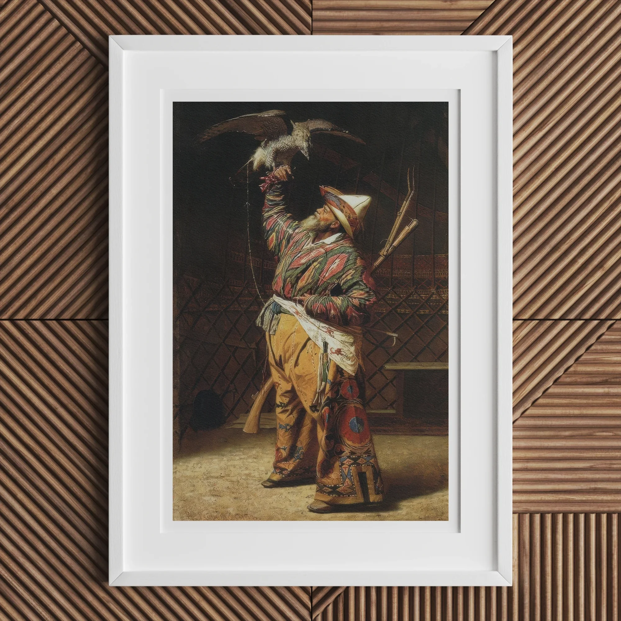 Rich Kyrgyz Hunter with a Falcon - Vasily Vereshchagin Art Print, Framed Painting Native American Figure Traditional Ceremonial Dress