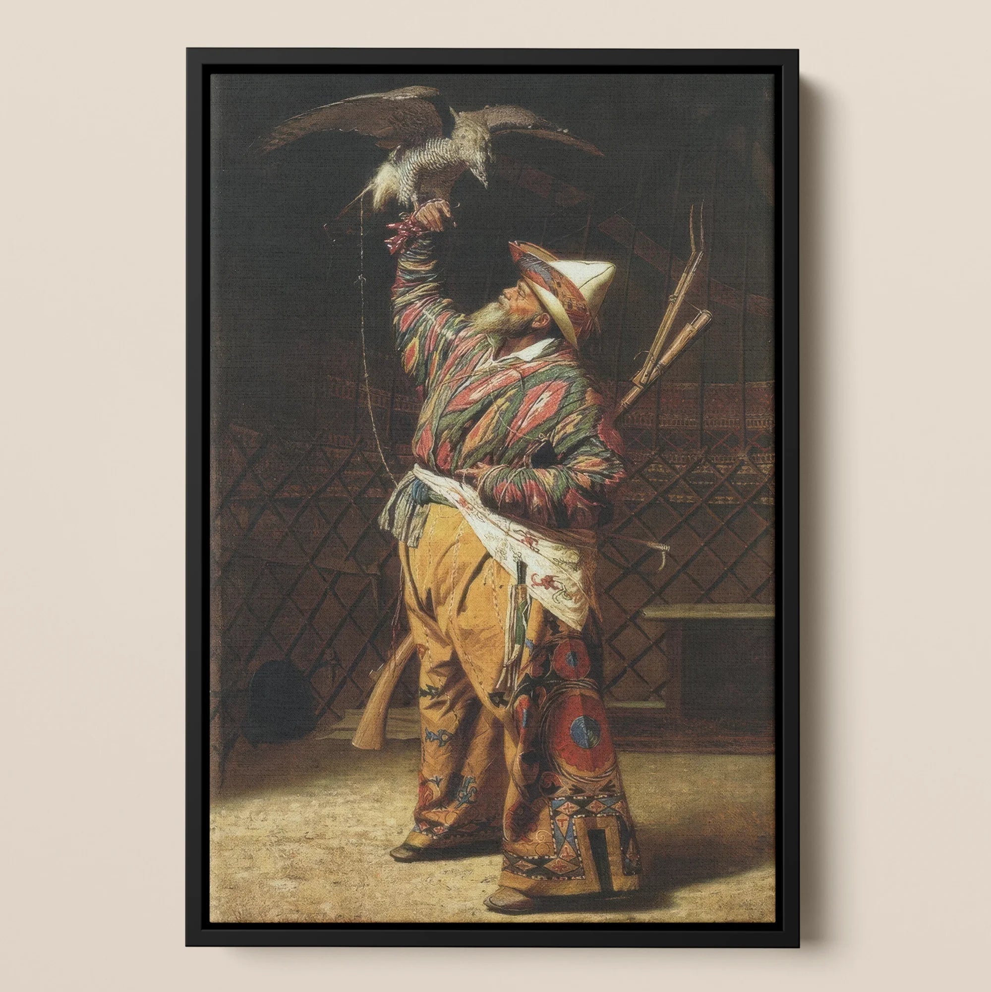 Rich Kyrgyz Hunter with a Falcon Vasily Vereshchagin Framed Canvas, Colorfully Dressed Native American Figure Traditional Ceremonial Attire