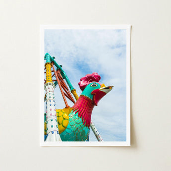 Vibrant Turquoise Pink Rooster Sculpture Yellow Accents Mounted Fun Fair Ride, Rooster’s Reign, Art