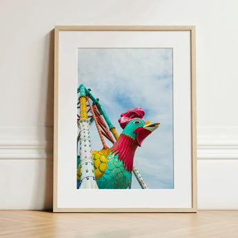 Rise and Shine - Amusement Park Fun Fair Ride Art Print / Canvas Vibrant Colorful Framed Stylized Rooster Turquoise Red, Rooster’s Reign,