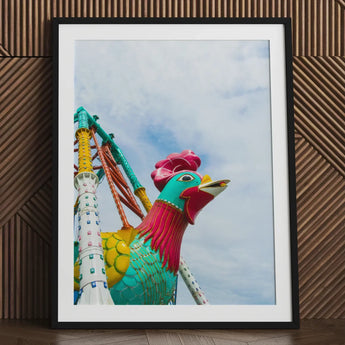 Rise and Shine - Amusement Park Fun Fair Ride Art Print / Canvas Vibrant Framed Photograph Colorful Stylized Rooster Turquoise Pink,