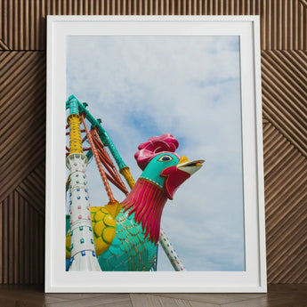 Rise and Shine - Amusement Park Fun Fair Ride Art Print / Canvas Vibrant Turquoise Pink Rooster-themed Yellow, Rooster’s Reign, Prints