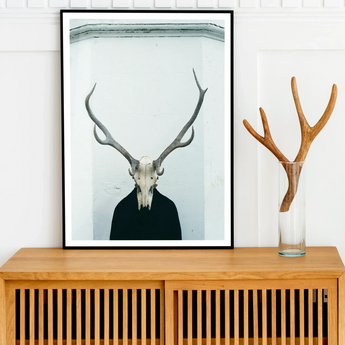 Ritual - Creepy Deer Skull Art Print / Canvas Framed Print Person Deer Skull Antlers Figure Stands