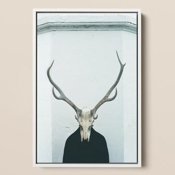 Ritual - Creepy Deer Skull Art Print / Canvas Minimalist Framed Art Print Stark White Deer Skull Figure Stands