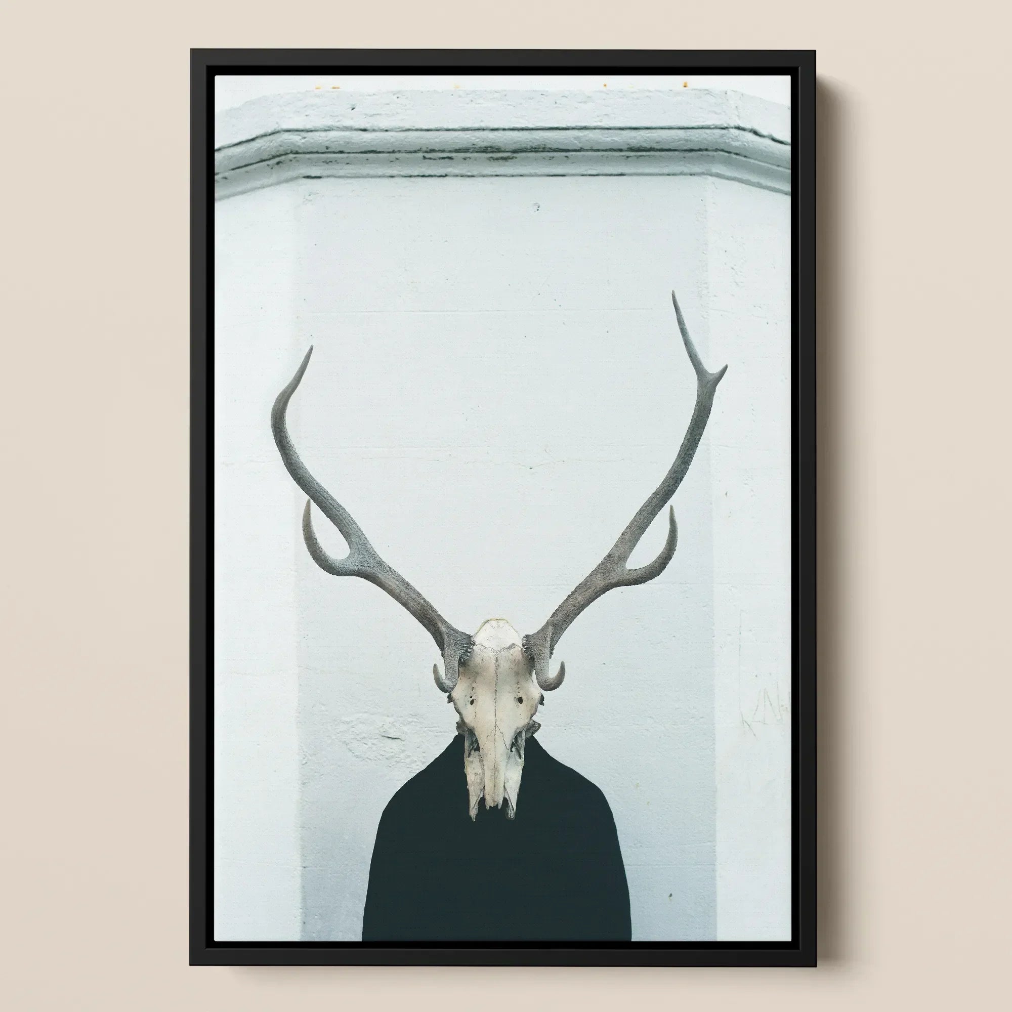 Ritual Framed Canvas, 12x18’’ / 31x46cm / Black Floating Frame, Framed Print Person Deer Skull Antlers