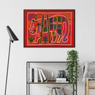 Roaring Tiger Appliqué - Mola Embroidery Art Framed Canvas, Framed Red Artwork Stylized Tribal-pattern Cat Feline Figure