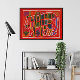 Roaring Tiger Appliqué - Mola Embroidery Art Framed Canvas, Framed Red Artwork Stylized Tribal-pattern Cat Feline Figure