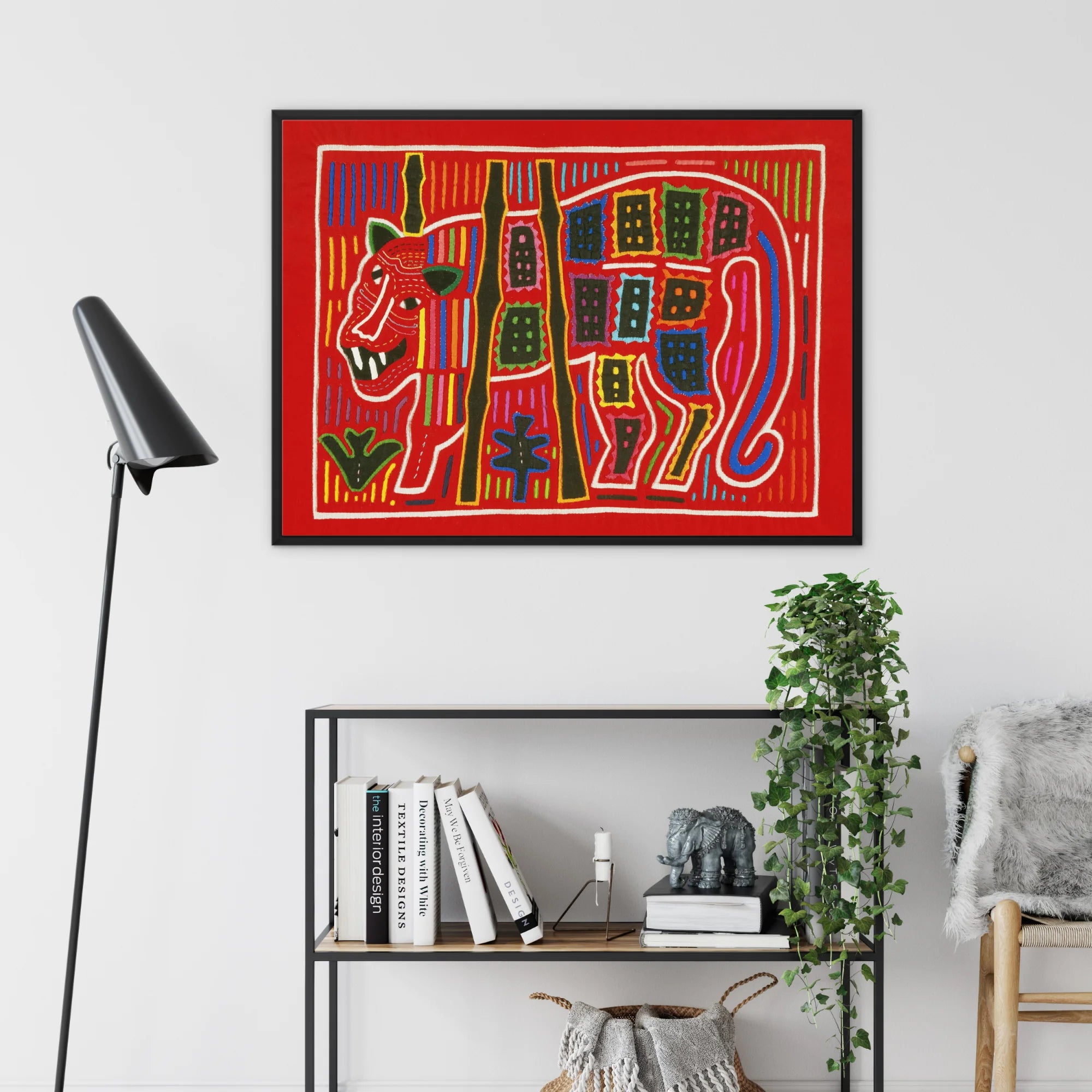 Roaring Tiger Appliqué - Mola Embroidery Art Framed Canvas, Framed Red Artwork Stylized Tribal-pattern Cat Feline Figure