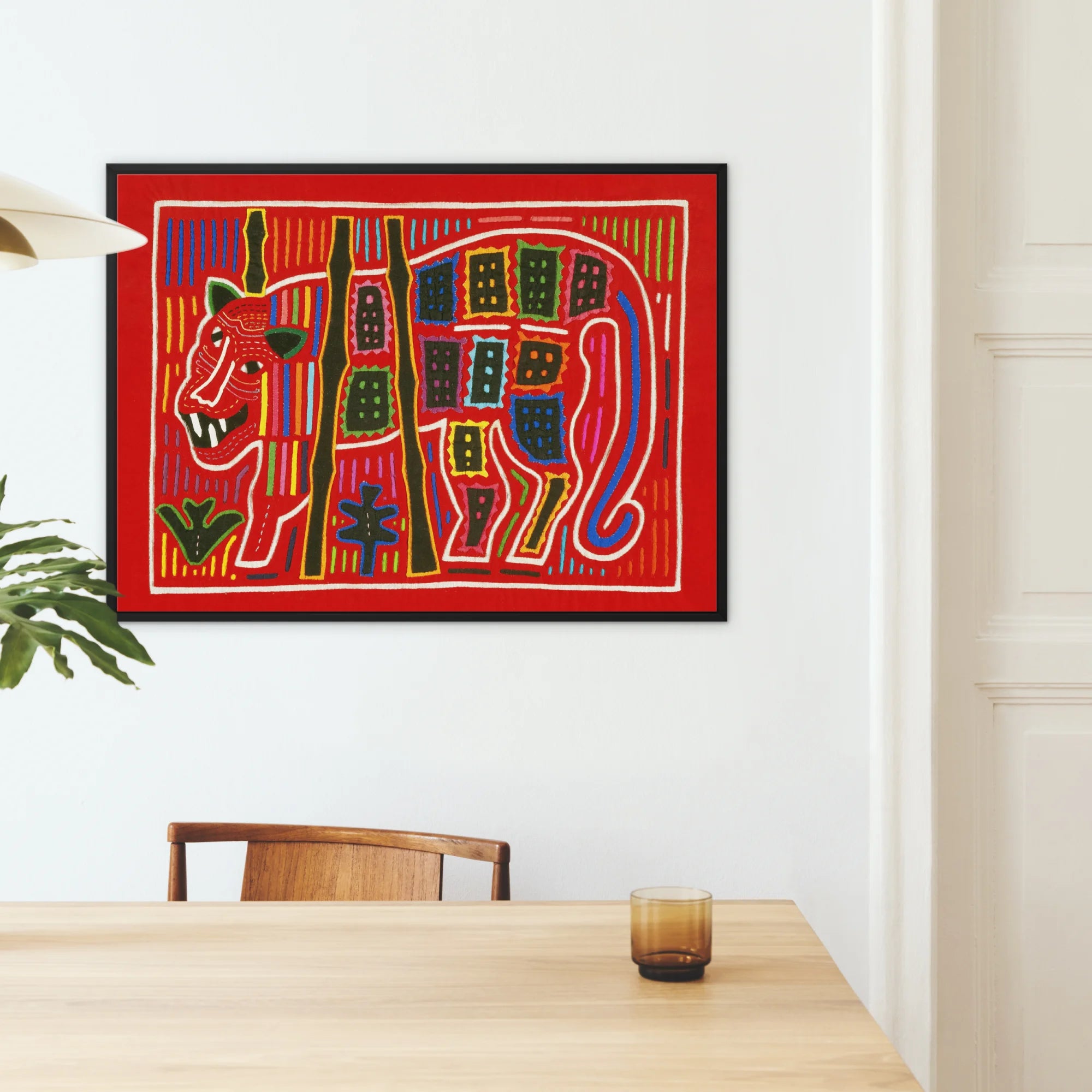 Roaring Tiger Appliqué - Mola Embroidery Art Framed Canvas, Framed Red Mola Textile Artwork Stylized Horse Geometric