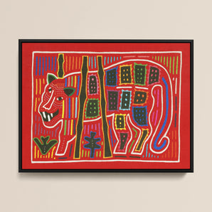 Roaring Tiger Appliqué - Mola Embroidery Art Framed Canvas, Stylized Colorful Depiction Horse-like Creature Geometric Patterns Folk