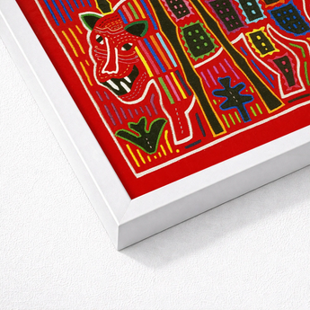 Vibrant Red Embroidered Textile Artwork Stylized Feline Face Mola Embroidery Art, Framed, Design