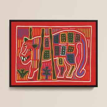 Roaring Tiger Appliqué - Mola Embroidery Art Print / Canvas Vibrant Red Embroidered Artwork Stylized Tiger Green Ears Mola Embroidery Art,