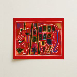 Roaring Tiger Appliqué - Mola Embroidery Art Print / Canvas Vibrant Red Rectangular Artwork Stylized Geometric Bold, Framed, Design Prints