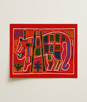 Vibrant Red Rectangular Artwork Stylized Geometric Tiger Bold Mola Embroidery Art, Framed, Design
