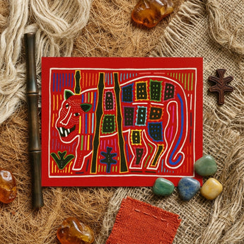 Roaring Tiger Appliqué - Mola Embroidery Art Print / Canvas Vibrant Red Rectangular Card Stylized Colorful Illustration Animal Mola
