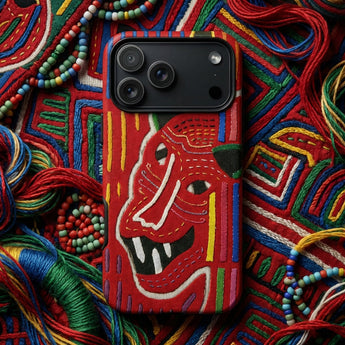 Roaring Tiger Appliqué - Mola Embroidery Phone Case Red Embroidered Phone Case Stylized Tiger Face White Mola-inspired Iphone Case,