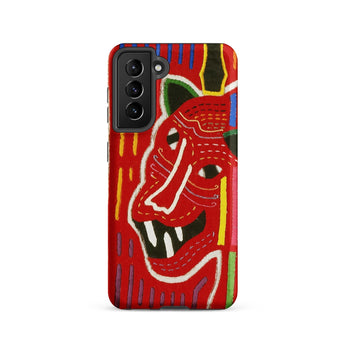 Roaring Tiger Appliqué - Mola Embroidery Phone Case Samsung Galaxy S21 / Matte Vibrant Red Phone Case Stylized Embroidered-style Tiger Face