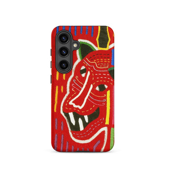 Roaring Tiger Appliqué - Mola Embroidery Phone Case Samsung Galaxy S24 / Matte Vibrant Red Phone Case Stylized Embroidered Mask Design