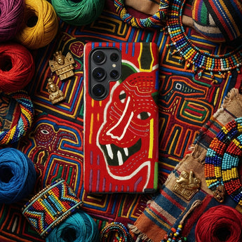 Roaring Tiger Appliqué - Mola Embroidery Phone Case Vibrant Red Phone Case Bold Embroidered Tribal Mask Mola-inspired Iphone Case,