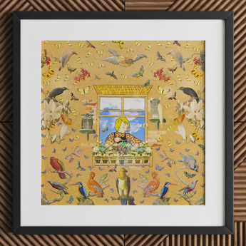 Robyn - Surrealer Pop-Art-Vogelcollage-Print, 12x12’’ / 31x31cm / Schwarzer Rahmen / Passepartout, Poster-Drucke & visuelle Kunstwerke, Toby Leon