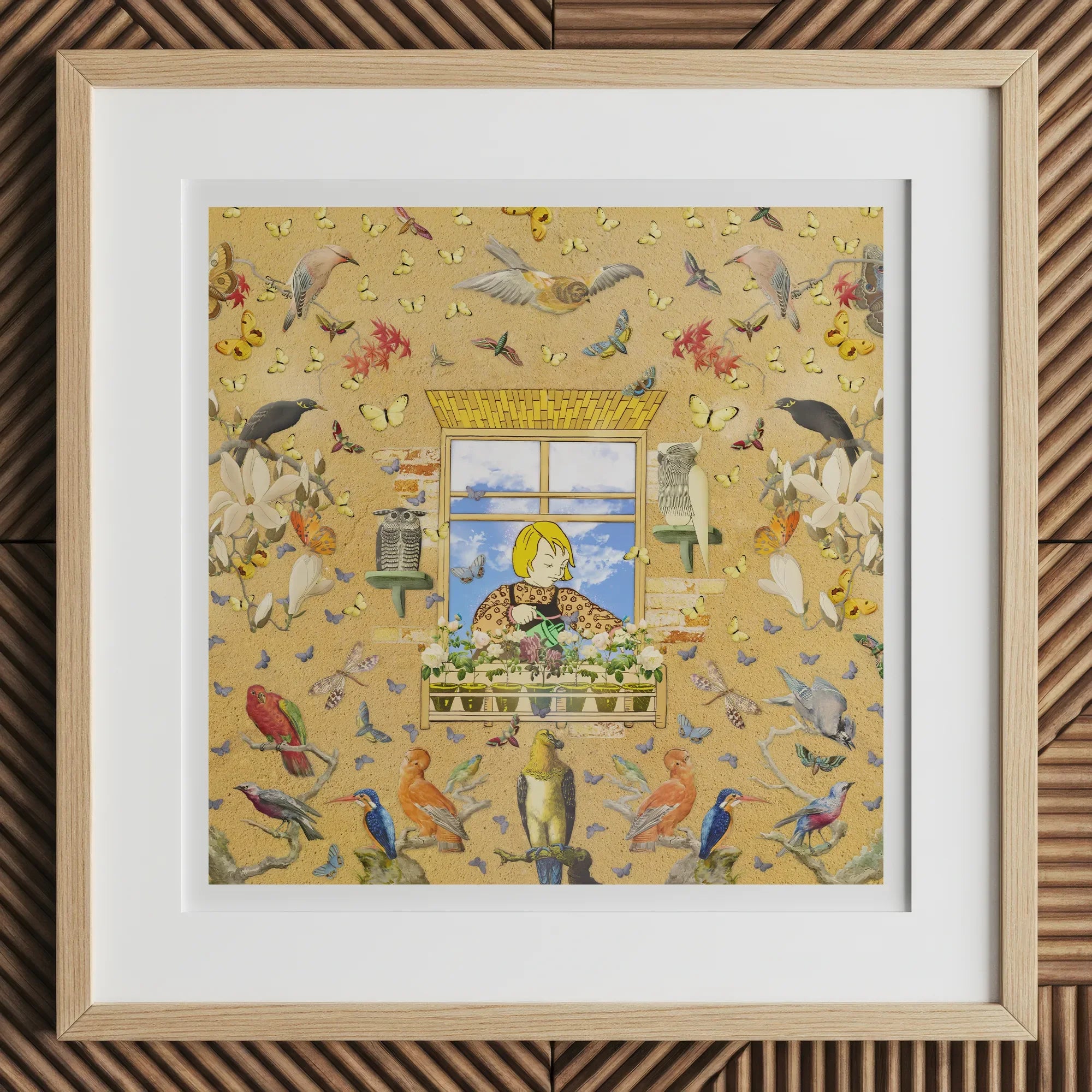 Robyn - Surreal Pop Art Bird Collage Print, 12x12’’ / 31x31cm / Natural Frame / 2’’ Matboard, Framed Artwork Person Gardening Window